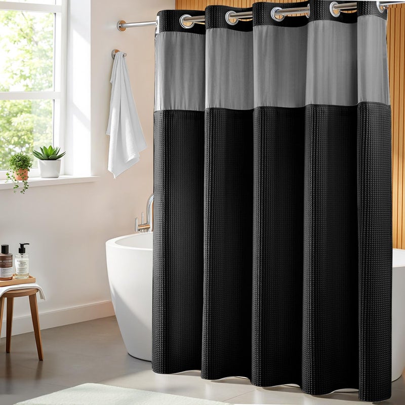 River Dream Black Fabric Shower Curtain Set, Cotton Blend, Waffle Weave, with Snap in Replacement Linerï¼Œ71 x 74 inches - Image 1